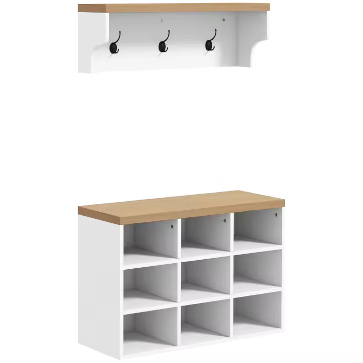 HOMCOM Recibidor con Perchero y Banco Zapatero 2 en 1 Muebles de Entrada con 3 Ganchos y Estantes para 9 Pares de Zapatos 75x30x50 cm y 75x20x22,5 cm Blanco - 1