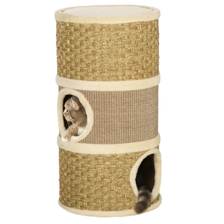 PawHut Tonel Rascador para Gatos con 3 Niveles Barril de Rascado con Plataforma Cama Cómoda 37,5x37,5x70 cm Marrón Claro y Beige - 1