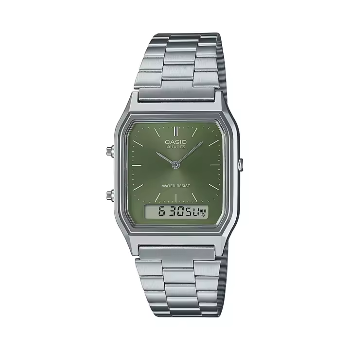 RELOJ CASIO AQ-230A-3AMQYES RETRO VINTAGE EDGY COLLECTION VERDE DE HOMBRE ACERO ANALOGICO-DIGITAL - 1