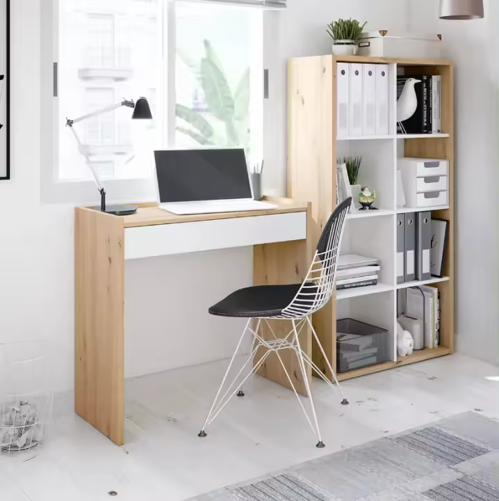 Meimon Mesa de estudio NOA con cajón, 81,5x40x77 cm, melamina blanca con acabado Roble Nodi, guías correderas metálicas, taco ABS antirayaduras, peso máximo mueble 25 kg, cajón con capacidad de 5 kg, diseño moderno y funcional para oficina o habitación. - 1