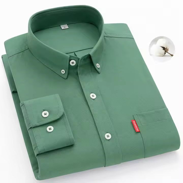 Camisa De Oxford Para Hombre 5XL Manga Larga 100% Algodón Color Sólido Cuello En V Regular Ropa Diaria Botones - 1