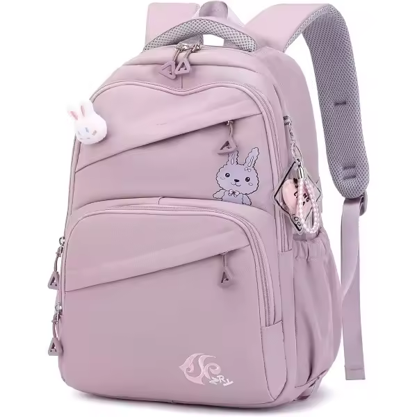 Mochila escolar de conejo de color liso para adolescentes, mochilas escolares multibolsillos para niñas de primaria, mochila informal para el día a día. - 1