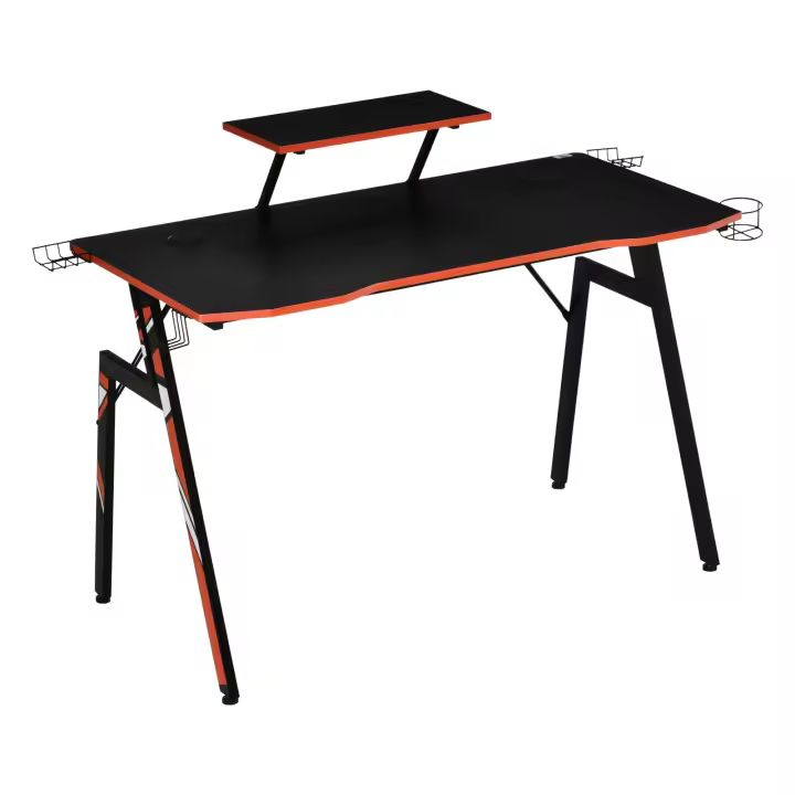 HOMCOM Mesa Gaming para Computadora PC Ergonómica Escritorio con Soporte para Monitor y Altavoz Portavasos Gancho para Auriculares Fibra de Carbono 120x60x94,5 cm Negro - 1