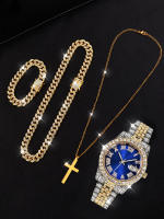 Reloj De Cuarzo Para Hombre Con Calendario Y Correa De Cadena Cubana Y Collar De Cruz 4pcs Diamante Completo Aleación Espejo - details 5