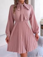 Vestido EVNISI Para Mujer De Color Rosa Con Lazo Y Pliegues De Manga Larga Elegante Para El Office Y Party Vestidos De Otoño - details 1