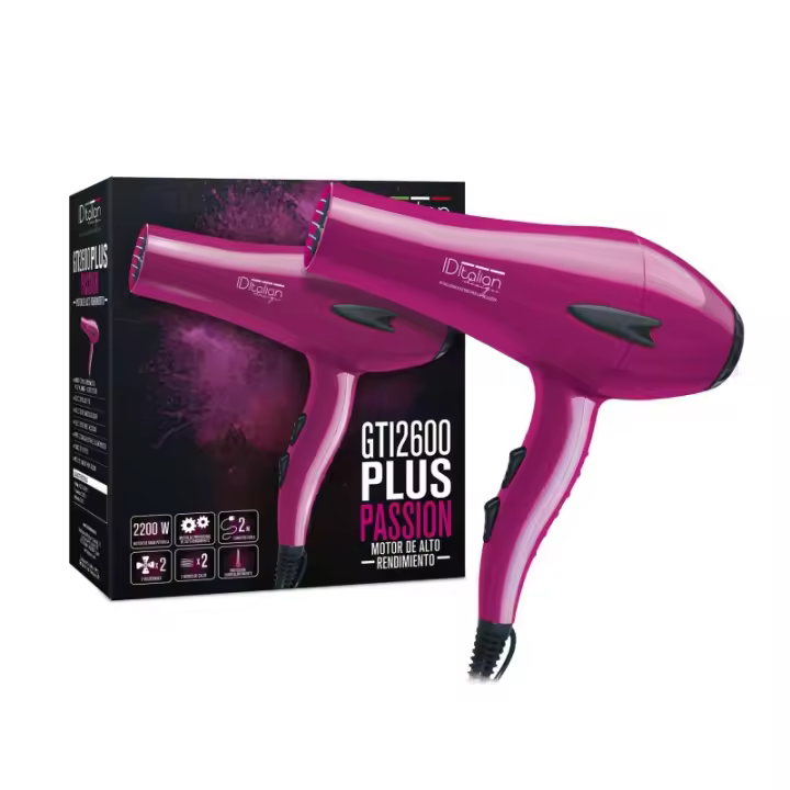 Italian Design - Secador Pelo Profesional GTI 2600 Passion Plus Hair Dryer Doble Velocidad de Aire Caliente y de Aire Frío, 1 Boquilla Concentradora Desmontable, Gancho para Colgar y Potencia de 2400W - Secado Profesional y Óptimo del Cabello - Color Rosa - 1