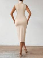 Vestido Elegante De Mujer De Color Sólido Con Pliegues Cuello V Manga Sin Mangas Largo De Rodilla A-Line Polyester Elástico - details 1