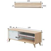 Meimon Mueble TV KIKUA PLUS con estante de colgar, 1 puerta con apertura push, patas ABS, hueco pasacables, acabado en Roble Canadian y Blanco Ark, fabricado en melamina TIPO E1, medidas TV: 135x40x50 cm, estante: 135x17,5x19,5 cm, carga máx. 40 kg. - details 3