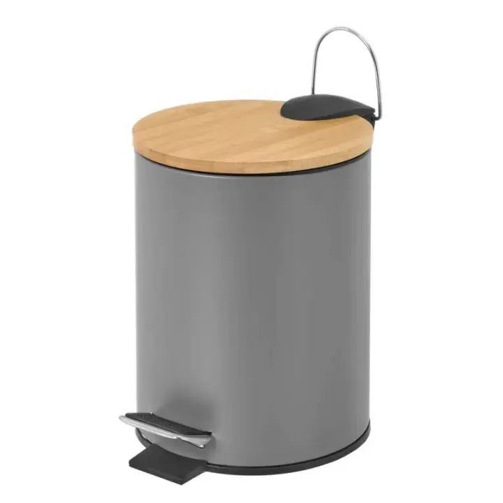 Papelera de pedal gris de bambú y metal de 3 litros - 1