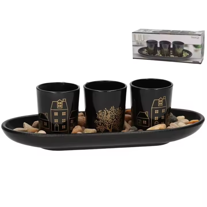 Set de Portavelas Gissed Decorativo con Base, Piedras Naturales y Diseño Elegante en Negro y Dorado - Ideal para Iluminación Ambiental en Hogar, Sala, Oficina o Eventos Especiales - 1
