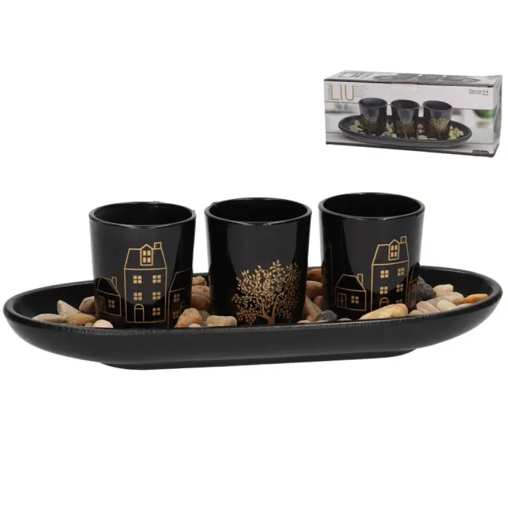 Set de Portavelas Gissed Decorativo con Base, Piedras Naturales y Diseño Elegante en Negro y Dorado - Ideal para Iluminación Ambiental en Hogar, Sala, Oficina o Eventos Especiales - 1
