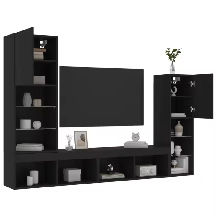 vidaXL Muebles de TV de pared con LED 4 pzas madera ingeniería negro - 1