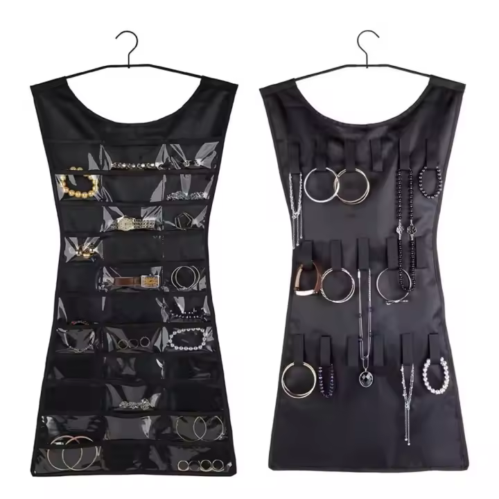 Niucom vestido organizador de joyas y bisutería, almacenamiento de joyería con 30 compartimentos con forma de vestido para armario con percha, anillos, pendientes, colgantes - 1
