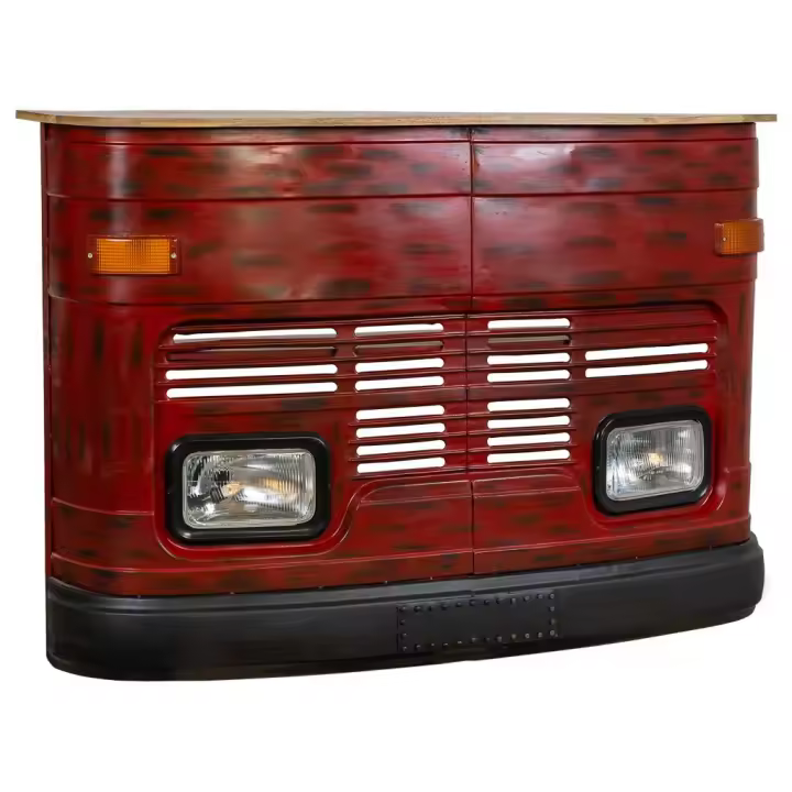 Barra Botellero Furgoneta de Madera y Metal Acabado Artesanal Rojo con Luz - Almacenamiento y Organización de Lavandería - 1