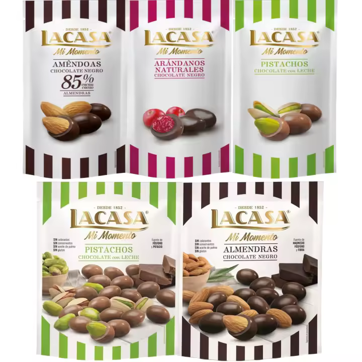 Lacasa Mi Momento pack de 5:Arándano  Negro 60 G,Pistacho  Leche 50 G,Almendra 85% 65 G,Almendra  Negro 125 G,Pistacho  Leche 100 G - 1