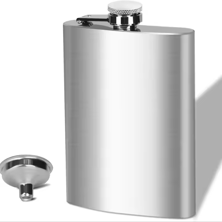 Botella De Bolsillo De Acero Inoxidable De Color Plata De 7/10 Oz Con Taza Y Tapa Funnel Para Alcohol Whiskey Licores - 1