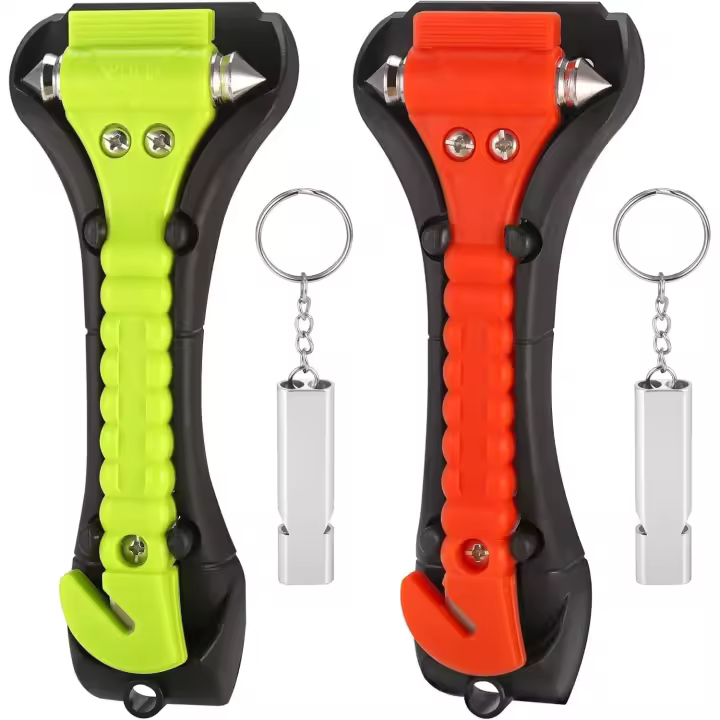 2 pcs Martillo Rompe Cristales Coche y Cortador de Cinturón de Seguridad, 2en 1 Kit Emergencia Coche con 2 Silbato Silbato, Martillo de Emergencia, para Romper la Ventana, Cortar el Cinturón - 1