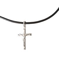 COLGANTE CRUZ Plata de Ley relieve de 25mm y cuero natural a 50 cm con Plata de Ley + bolsa de tela regalo - details 1