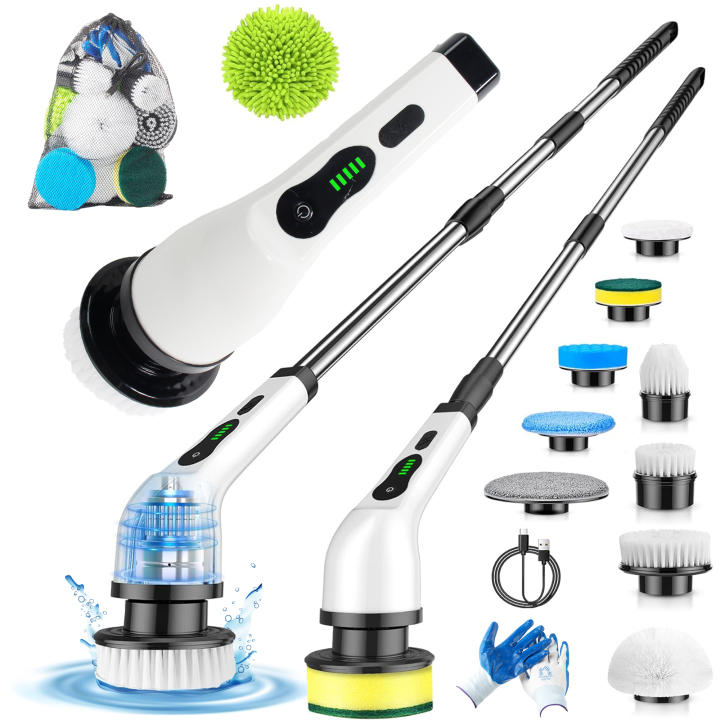 4Family Club-Cepillo Limpieza Hogar Eléctrico, Fregadora Giratoria Eléctrica, 9 en 1, Inalámbrico 360,Limpieza Ducha Baño Cocina Coche, Mango Extensible (137 cm), Ajuste 2 Velocidades, Máxima Potencia
