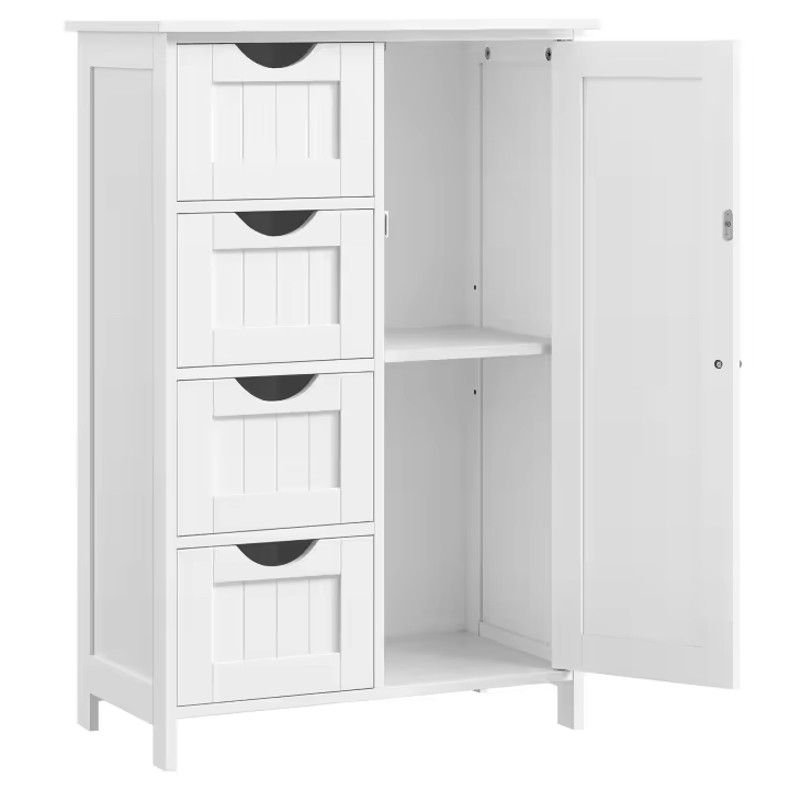 VASAGLE Armario de Baño, Mueble de Baño Estrecho, Cómoda de Baño, Cajonera con 4 Cajones, Armario con Puerta, Estante Ajustable, 30 x 55 x 82 cm, Blanco/Gris Oscuro/Gris Paloma - 1