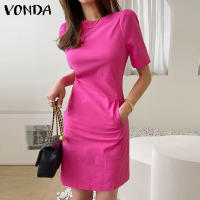 VONDA Vestido Mujer Verano 2024 Moda Casual A-Line Mini Con Bolsillo Cuello Redondo Manga Corta Sobremesa Trabajo Ropa Oversize - details 3