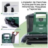 XSQUO Useful Tech. Power Cleaner Aspirador de tapicerías, alfombras moquetas y cortinas Pulveriza, limpia y aspira de una pasada. 400w de potencia, 2 depósitos de agua limpia y sucia.  Manguera de 1,2 m. Radio de acción 7 metros.. Asa de desplazamiento . - details 2