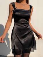 Vestido Mini De Noche Con Encaje Satinado Y Volantes En Hombros Y2K Para Mujer Estilo Tie Shoulder Silueta Ajustada Y Flared - details 1