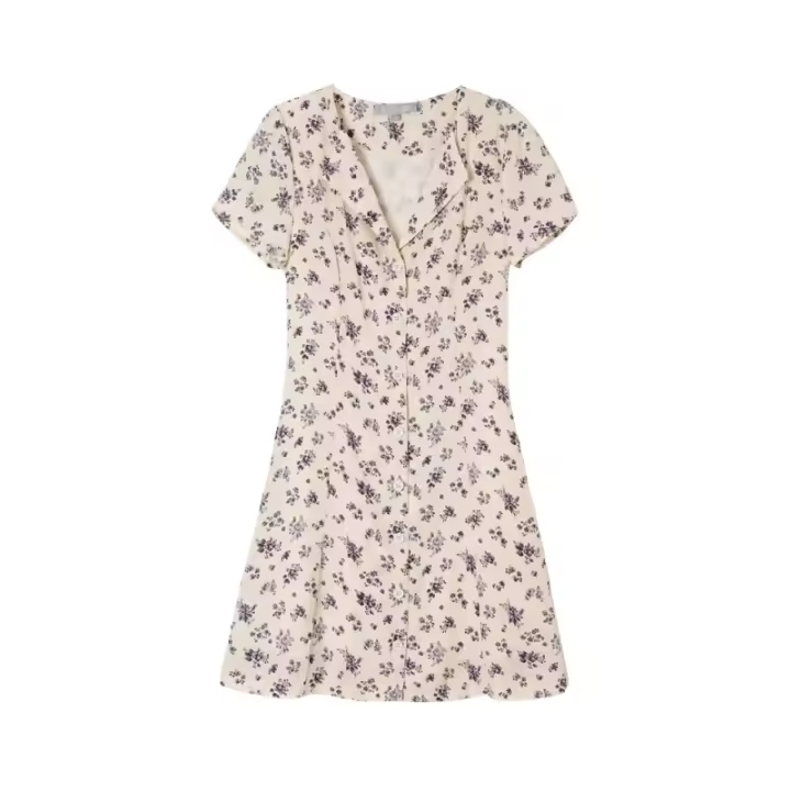 Retro V-neck ruffled single breasted short sleeved dress, summer new slim fit waist tied print short skirt - 1