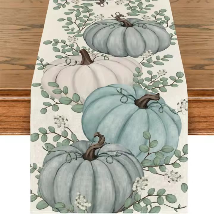 Camino de Mesa otoñal de eucalipto y Tres Calabaza Azules Fashion, 33 × 183 cm - 1