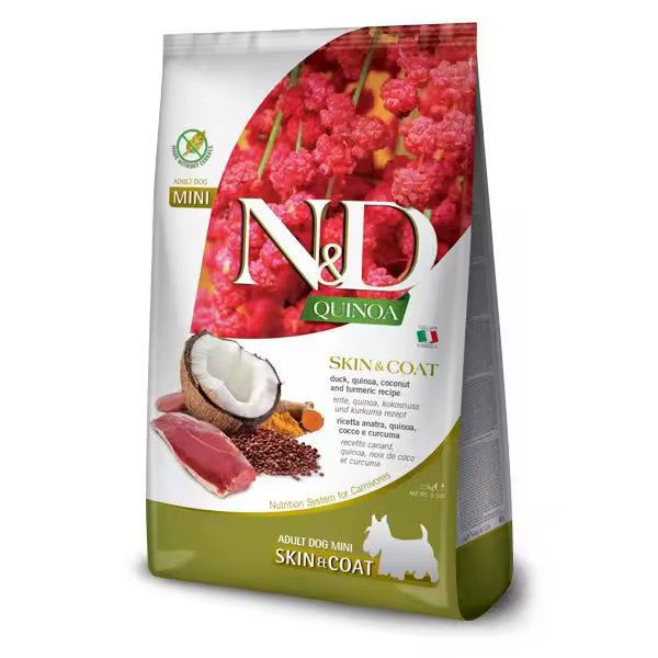 FARMINA N&D DOG QUINOA SKIN COAT PATO MINI 2,5KG / alimento dietético completo para perros para la reducción de las intolerancias a ingredientes y nutrientes. - 1