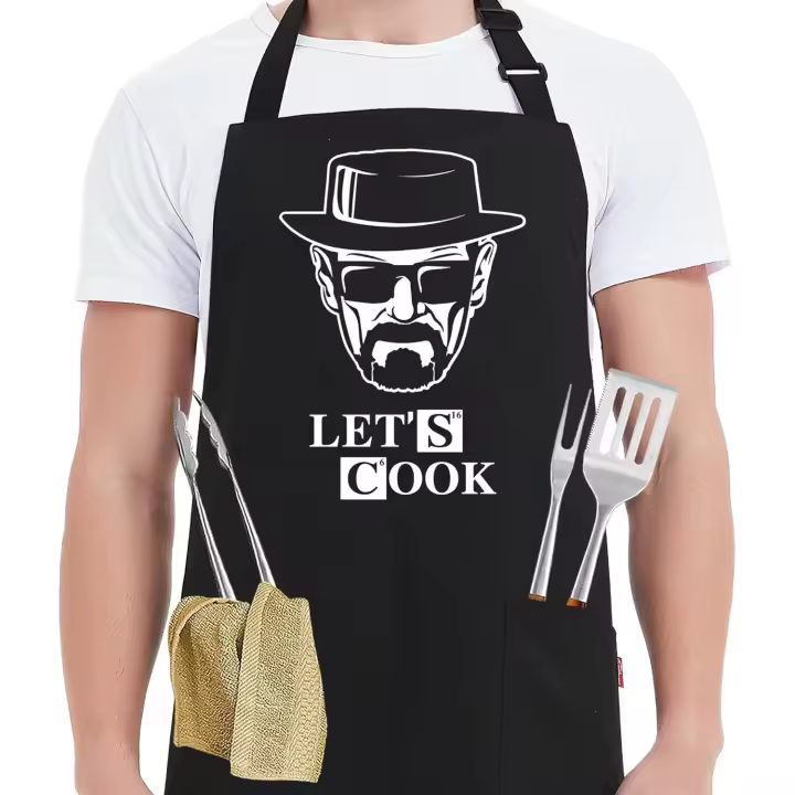 Delantales de cocina divertidos para hombres - Let's Cook - Delantales de cocina divertidos para hombres, negros, para cocinar a la parrilla, para barbacoa, con 2 bolsillos, negros, 26 - 1