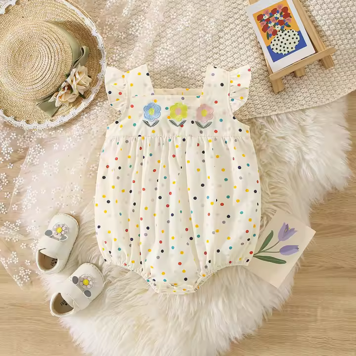 Conjunto De Verano Para Bebé Niña With Bordados De Puntos Y Flores Coloridas Camiseta De Algodón With Mangas Cortas Estilo Dulce Y Lindo Para Crawler - 1