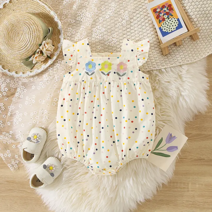 Conjunto De Verano Para Bebe Niña With Bordados De Puntos Y Flores Coloridas Camiseta De Algodón With Mangas Cortas Estilo Dulce Y Lindo Para Crawler - 1