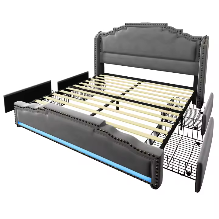 Cama Tapa Suave 160 × 200, Cama Doble with 4 Cajones, Iluminación LED y Puerto de Carga USB-C, Cama de Almacenamiento y Cama Juvenil con Base de Listas, Terciopelo, Gris, Sin Colchón - 1