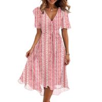 Vestido Casual De Moda Para Mujer Con Cuello En V Manga Corta Volante Vintage Impresión A-Line De Pierna Larga Estilo Italiano - details 2