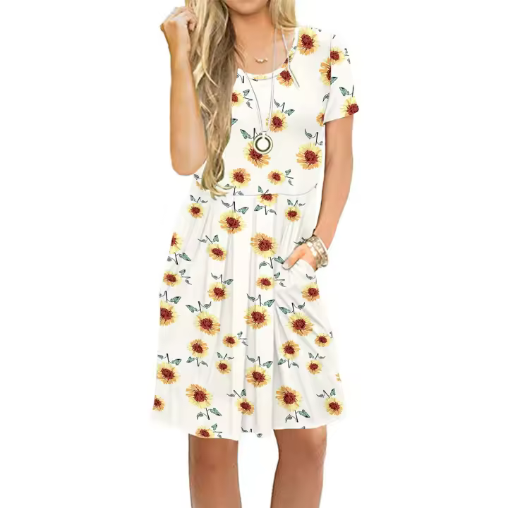 Vestido Casual Para Mujer Con Mangas Cortas Y Bolsillos Pleated Swing De Pierna Larga Estilo Suelto Vestido De Poliéster - 1