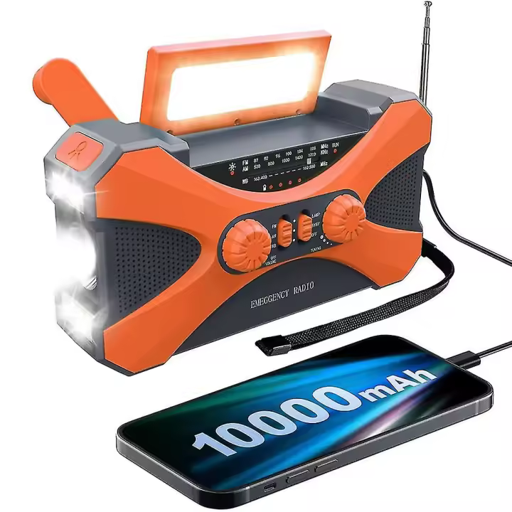 10000mAh radio de manivela de emergencia con Energía Solar, con Energía para manivela, Interno, Radio multifunción USB, Naranja - 1