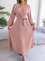 Vestido Largo Elegante Para Mujer Con Cuello En V Manga Larga Pleated Maxi Con Cinturón Estilo Casual De Pierna Larga - details 35