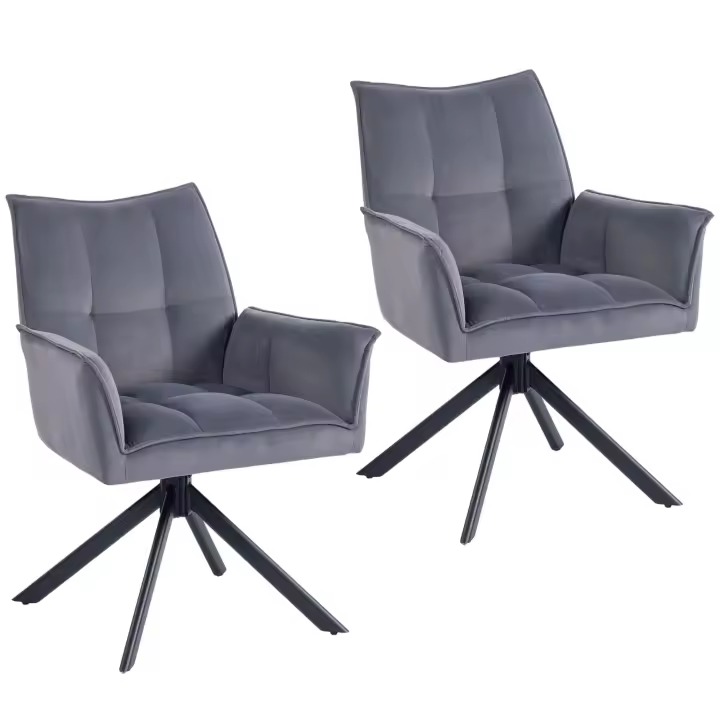 HOMCOM Juego de 2 Sillas de Comedor Giratorias 360°, Sillas de Cocina con Reposabrazos, Respaldo Acolchado, Tapizado en Terciopelo, Patas de Acero, para Oficina, Conferencia, Sala de Estar, Gris - 1