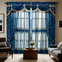 2 Piezas Cortinas De Tela Poliéster HD Azul Y Amarillo Con Bordado Para Decoración De Hogar Estilo Rústico Para Sala De Estar Y Dormitorio - details 1