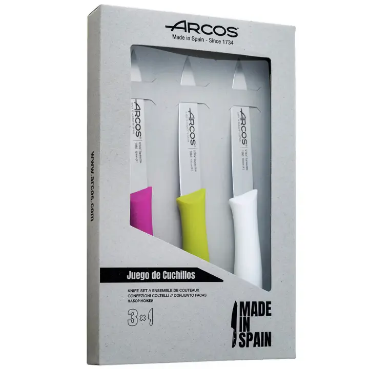 ARCOS Nova - Set de 3 Cuchillos Mondadores (100 mm) - Hoja de Acero Inoxidable Nitrum® - Mangos de Colores de Polipropileno (PP) - Estuche Regalo - 1
