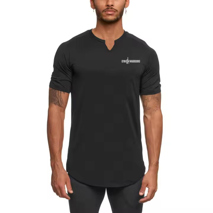 Gym Fitness Bodybuilding Tops Men Casual Fashion Solid Print Short V-neck Sleeve T-Shirt Summer Breathbale Quick Dry Slim Shirt - 1