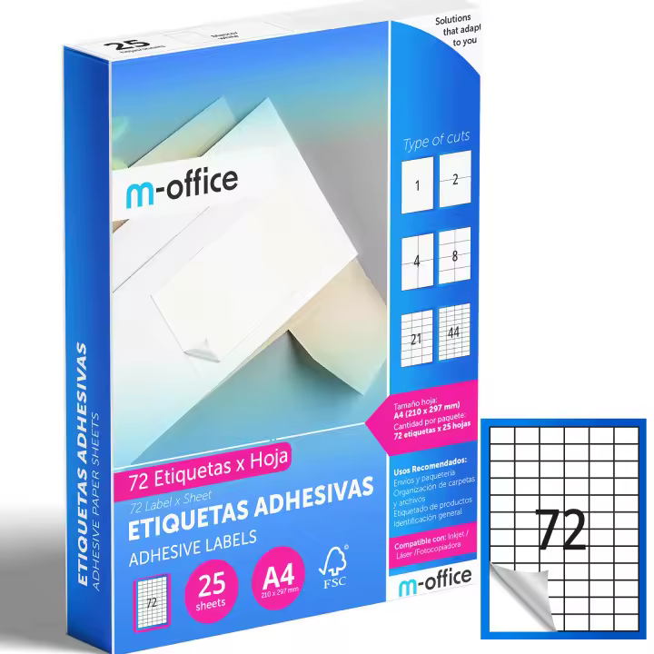 M-office Etiquetas Adhesivas A4 compatible con Label Printer, Pegatinas Blancas Adhesivas para Uso Diario, Papel Adhesivo para Imprimir, Pegatinas para Escribir (72 por hoja, 25h) - 1