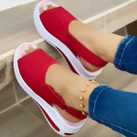 Sandalias De Verano Para Mujer Con Plataforma Y Tacón Bajo Zapatos Abiertos Talla Grande Casual Transpirables De Lona - details 2