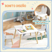 AIYAPLAY Juego de Mesa y 2 Sillas Infantiles Mesa Infantil con Sillas Respaldos con Orejas de Conejo Mesa Infantil para Guardería Sala de Juegos Blanco - details 3