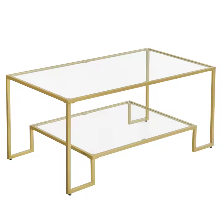 VASAGLE Mesa de Centro de Vidrio, Mesa de Café con Almacenamiento, para Salón, Superficie de Vidrio Templado, Marco de Acero, 55 x 100 x 45 cm, Negro Simple/Color Dorado - 1