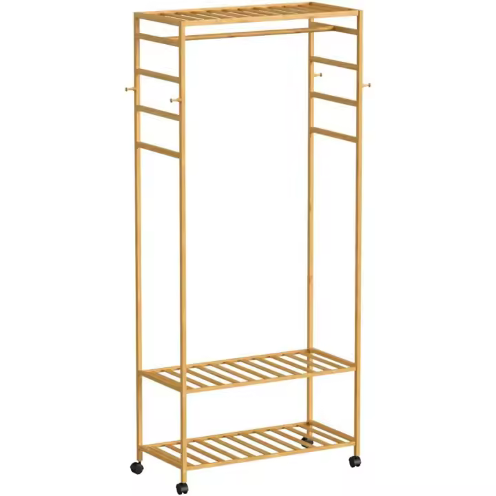 Armario Abierto con Ruedas, Perchero Burro de Madera Bambú Perchero de Pie con 2 Estantes y 4 Ganchos para Ropa Zapatos Bolsas para Dormitorio Entrada Salon 78 x 41 x 169 cm - 1