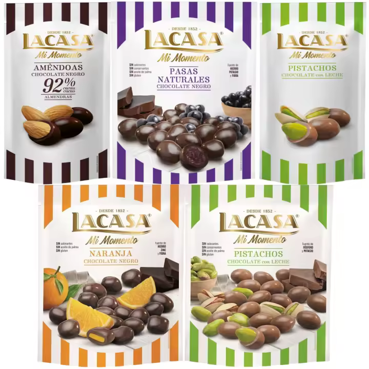 Lacasa Mi Momento pack de 5:Pistacho  Leche 50 G,Almendra 92% 65 G,Pasas  Negro 150 G,Naranja  Negro 125 GPistacho  Leche 100 G - 1