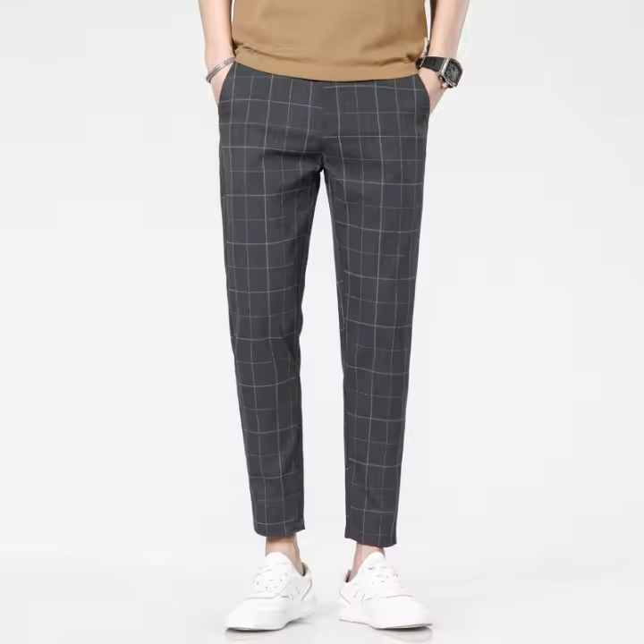 Pantalones De Correr Para Hombre 2025 Calidad Superior Rayados Cuadros De Talla Alta Largo Hasta La Rodilla Gris Negro Pantalones Rectos Estilo Coreano - 1