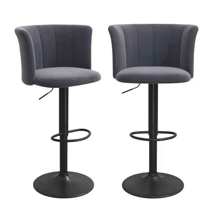 Juego de 2 taburetes de bar de altura ajustable, tela de terciopelo de seda, taburete giratorio de 360° con respaldo para cocina, comedor - 1